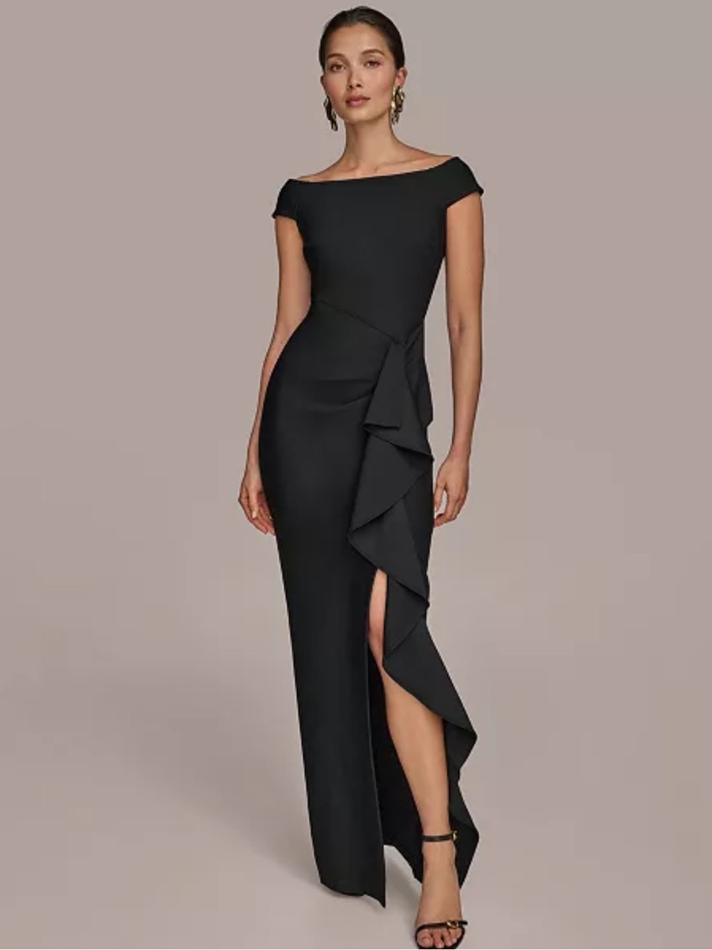 Donna Karan Boat Neck Ruffle Slit Gown Black